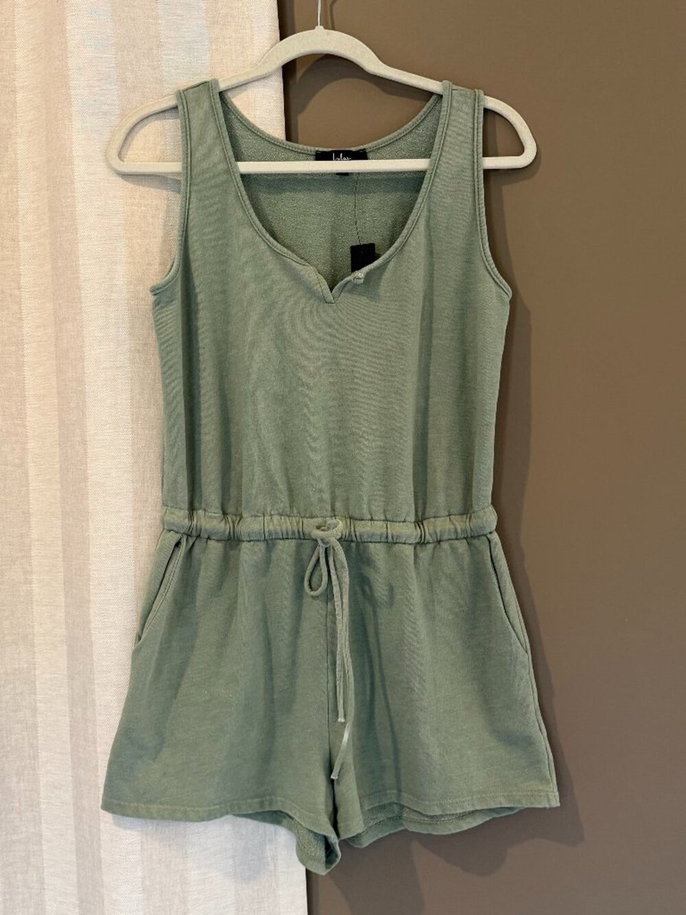 Lulus Sage Green Sleeveless Lounge Romper Drawstring Vacation Summer, Size XS